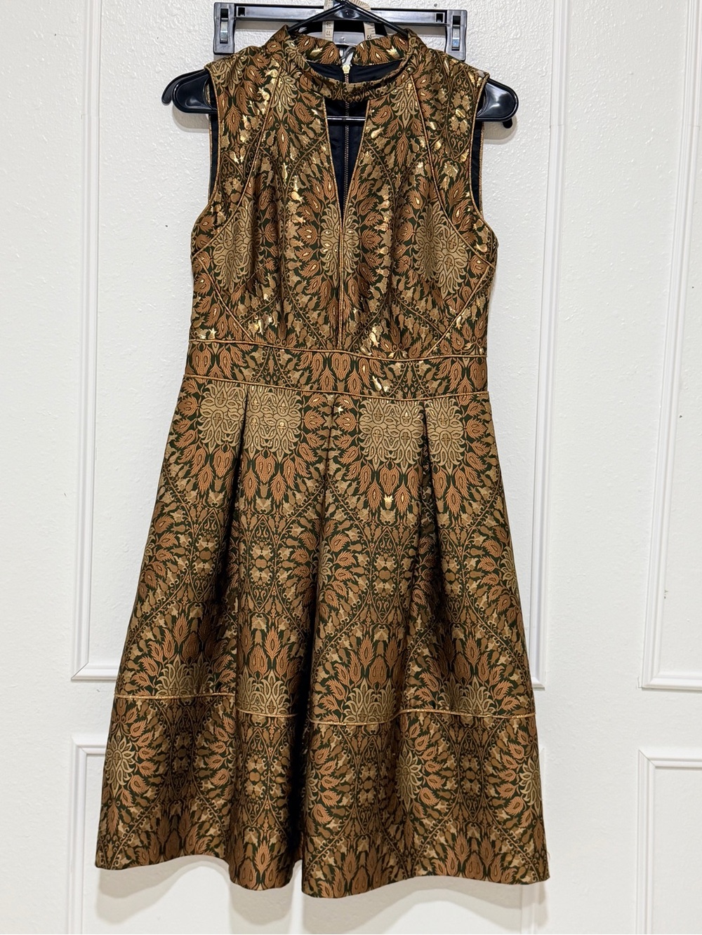 Oasis Sleeveless Damask/Brocade Midi Dress in Bronze and Olive